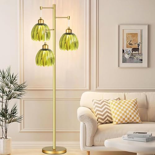 Vintage Floor Lamps for Living Room-3 Light Gold Floor Lamp with Three Bulbs & Glass Lampshape,Glass Mid Century Modern Standing Lamp Tree Tall Flower Floor Lamp for Bedroom Living Room,Corner - Image 2