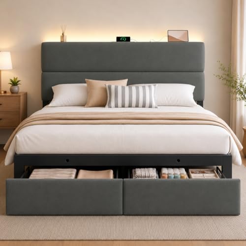 Queen Bed Frame with 2 Storage Drawers, Grey Velvet Upholstered by UHTNHome