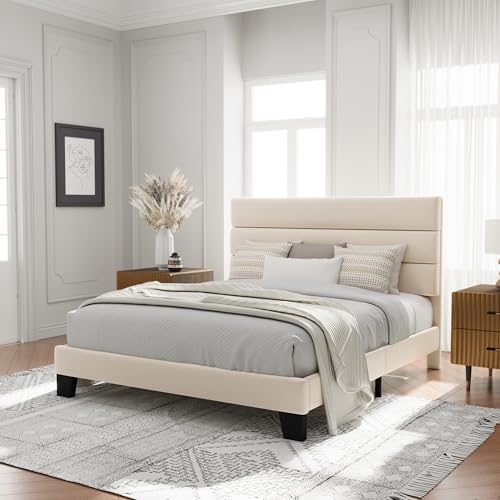 Allewie Queen Size Platform Bed Frame with Velvet Upholstered Headboard and Wooden Slats Support, Fully Upholstered Mattress Foundation/No Box Spring Needed/Easy Assembly, Cream - Image 3