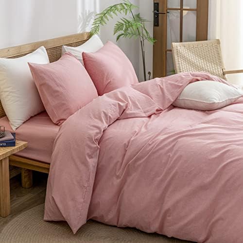 BESTOUCH Cotton Solid Duvet Cover Set Linen Feel Red Pink Full - Image 2