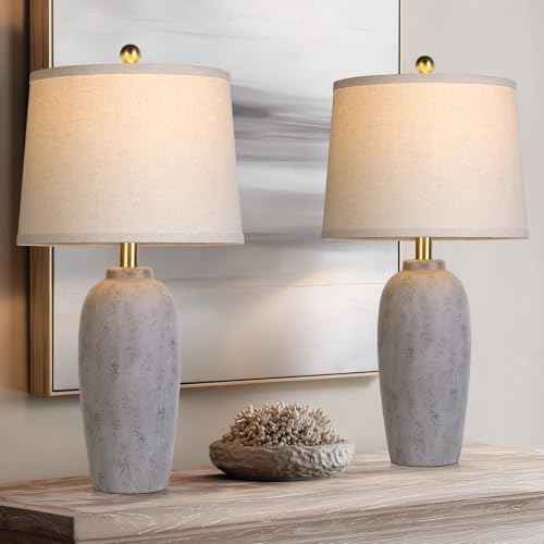 25“ Jar Table Lamps Set of 2, Ceramic Bedside Lamps for Bedroom, Brown Grey Farmhouse Nightstand Lamps for Living Room by MouvovoLighting