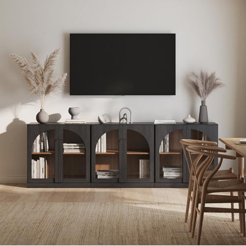 BELLEZE Bijou Set of 3 Modular Sideboard Cabinets (94.5" Extra Long) - 6-Door Media Console - Modern Arched Glass Buffet Credenza for Large Kitchen & Living Area- Ebony by BELLEZE
