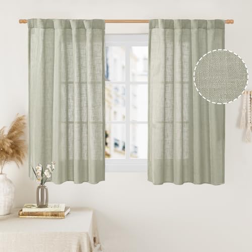 LAMIT Sage Grey Linen Curtains 48 Inch Length 2 Panels for Kitchen Window by LAMIT
