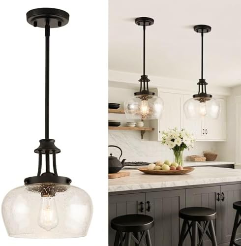 Modern Pendant Lights Kitchen Island, Matte Black Pendant Light Fixtures with 10" Clear Air Bubble Glass Shade, Industrial Hanging Pendant Lights Fixture for Kitchen Island Dining Room Entryway by BringBrightnesstoYourLife
