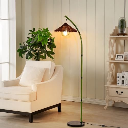 beaysyty Bamboo Floor lamp Mid Century Rattan Retro Floor lamp Bohemian,Arc Floor Lamps for Living Room Tall Reading Lamps Antique Rattan Style for Bedroom Dining Room Farmhouse Study (Green) - Image 3