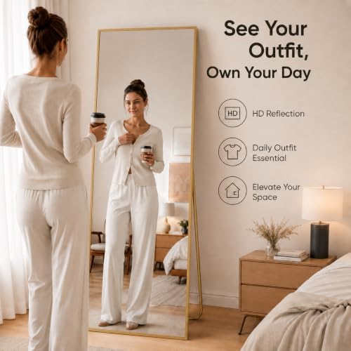 Aluminum Frame Mirror, 59"x16" Full Length Mirror with Stand, Free Standing Leaning Mirror Hanging Mounted Mirror for Bathroom Living Room, Gold - Image 2