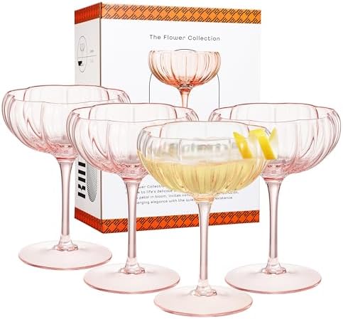 Khen Flower Modern Wavy Glass Coupes Martini, Champagne & Cocktail Coupes - Set of 4-7.7oz Colorful Cocktail Glasses for Prosecco, Mimosa - Blush Pink - Image 3