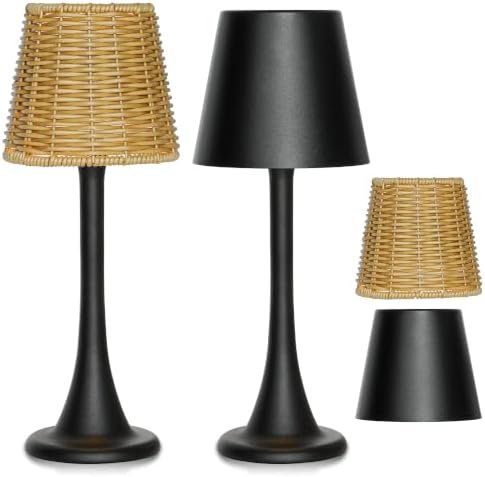 Mr. White Outdoor Waterproof Cordless Rechargeable Portable Touch Battery Operated Powered Set of 2 Table Lamp with Wicker lampshade for Restaurant Kitchen Patio Dinner Dining (Black 2 Pack) by Unknown