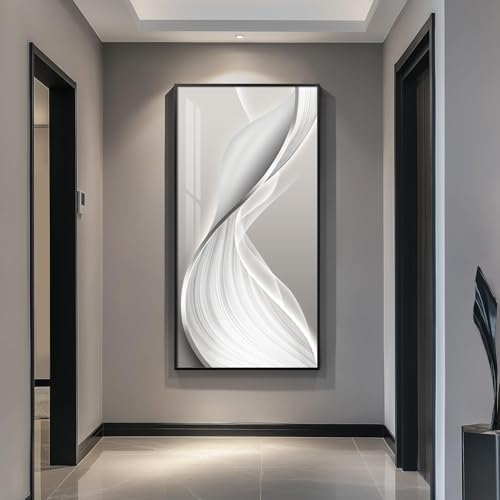 Large Framed Silver White Abstract Wall Art for Living Room, Vertical 30x60 by Cuspin