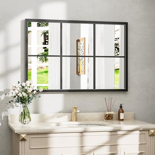 Dewfig Rectangle Wall Mirror, 36"x24" Metal Frame Windowpane Mirror, Black by YourSpacePerfectlyReflected