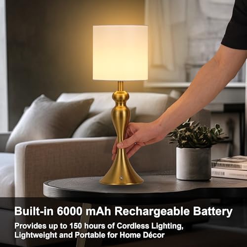 Cordless Table Lamp Rechargeable, Battery Fabric Bedside Touch Light, Brass - Image 3