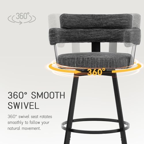 30 Inch Bar Stools Set of 2 with Full Back, Swivel Bar Chairs with Linen Padded Back, Metal Footrest, Modern Bar Height Stools for Kitchen Island, Dining, Living Room, Black - Image 4