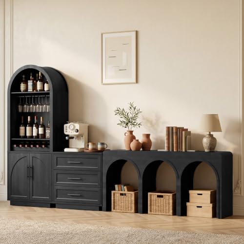 Fatmok Modular Coffee Bar with LED Lighting,Charging Station,Arched Wooden Console Table,Modern Liquor&Wine Display Storage Cabinet for Living Room,Black Grey(FEG,3-Piece) by Fatmok