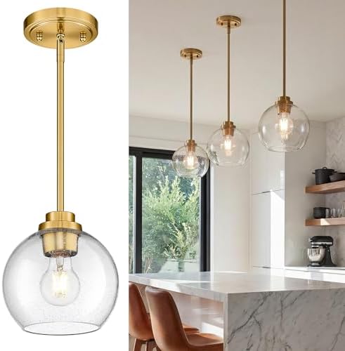 Pendant Lights Kitchen Island, 7" Modern Brushed Gold Hanging Lights Fixtures with Clear Seeded Glass Globe Shade, Kitchen Island Lighting for Bathroom, AD-22280-1P-GD-S by Audickic