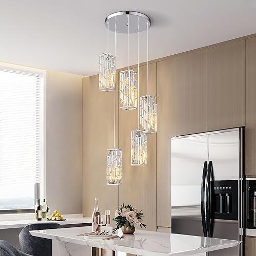 Chrome Pendant Lighting Modern Pendant Light, Mini Crystal Chandeliers,Adjustable Pendant Light Fixture for Kitchen Island Dinning Room Bedroom (5 Light) - Image 2