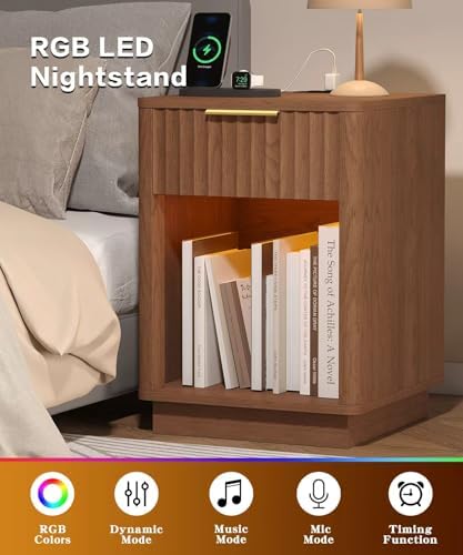 Akxomel Fluted Nightstand Set 2 Bedside Table with Charging Station Walnut - Image 6