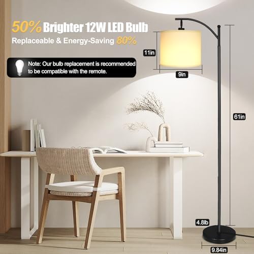 mukuxin LED Floor Lamps for Living Room, 12W 1200LM Modern Arc Floor Lamp with Remote & Adjustable Linen Lampshade, 12 Color Temperature Stepless Dimmable Tall Standing Lamp - Image 5