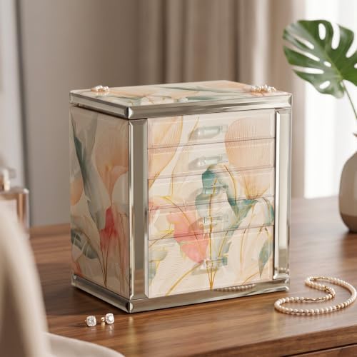 High End Glass Jewelry Box for Women, 5 Layer, Pink Floral - Image 4
