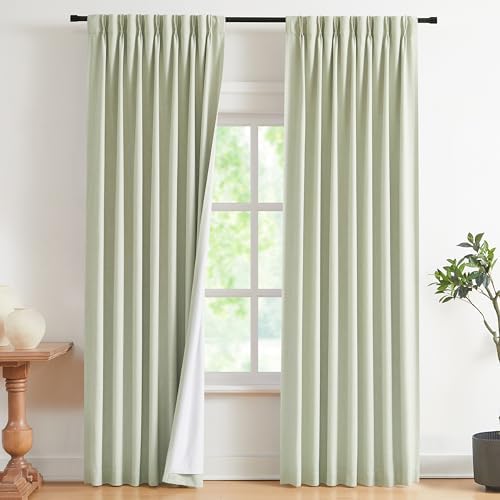 Vision Home Soft Green Pinch Pleated Full Blackout Curtains Linen Blended Room Darkening Curtain Panels 102 inch for Living Room Bedroom Thermal Insulated Pinch Pleat Drapes with Hooks 40" Wx102 Lx2 - Image 2
