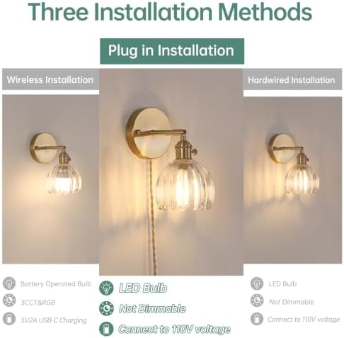 Shenmoyl Plug in Wall Sconce, Transparent Tulip Glass Lampshade Wall Light Plugin Corded for Bedside Bedroom Doorway - Image 2