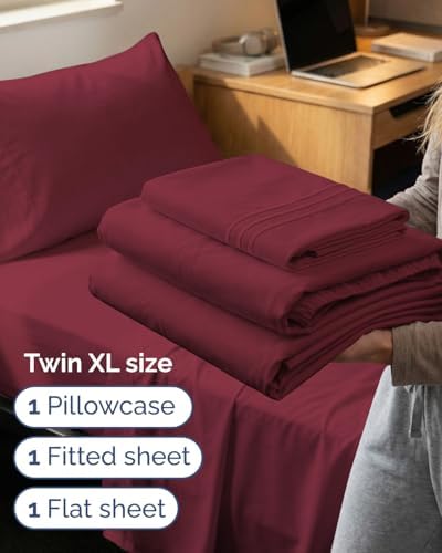 Twin XL 3 Piece Sheet Set - College Dorm Room Essentials - Burgundy - Image 3