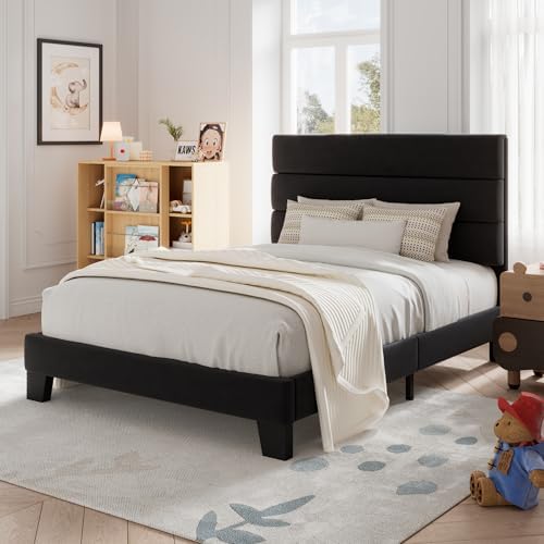 Allewie Twin Size Platform Bed Frame with Velvet Upholstered Headboard by Allewie