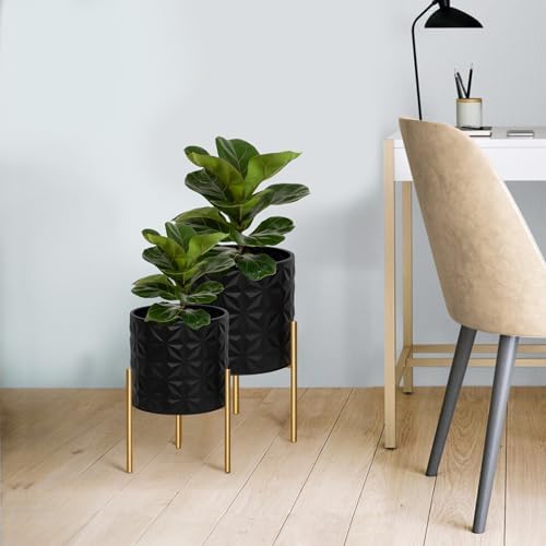 ARNIS Modern Planter Pots, Set of 2 Large Planters with Stand, Decorative Planters, Metal Pots with Drainage Holes for Living Room, Office, Garden or Balcony, 8.25 &10.5 Inch, Matte Black - Image 2