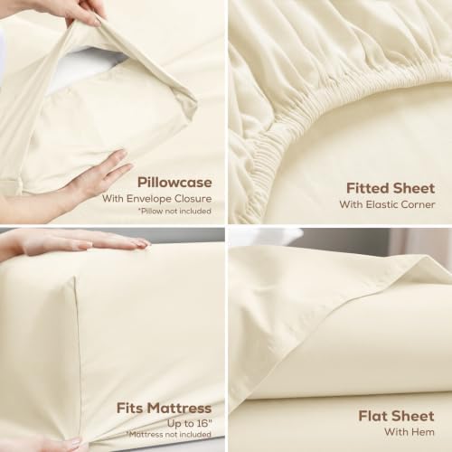 Full Sheets Set, 4 Pieces 16" Deep Pocket Hotel Luxury Bed Sheets, Ivory - Image 3