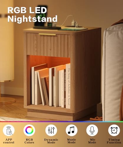 Akxomel Fluted Nightstand Bedside Table with Charging Station Oak - Image 5