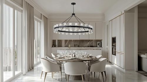 48 Inch Black Wagon Wheel Chandelier with Crystal Shade, 48 Lights, Modern Farmhouse Style, Ideal for Dining Room, Kitchen, Entryways - Image 3