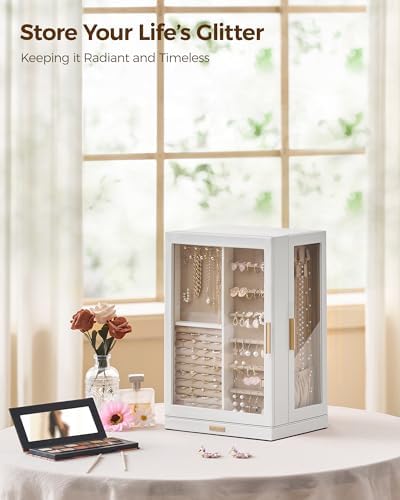 Glimmloop 360° Rotating Jewelry Box with 9 Drawers, Spacious Vertical Jewelry Organizer with Glass Window, Jewelry Storage Case, Dustproof & Moisture-resistant Design, White - Image 2
