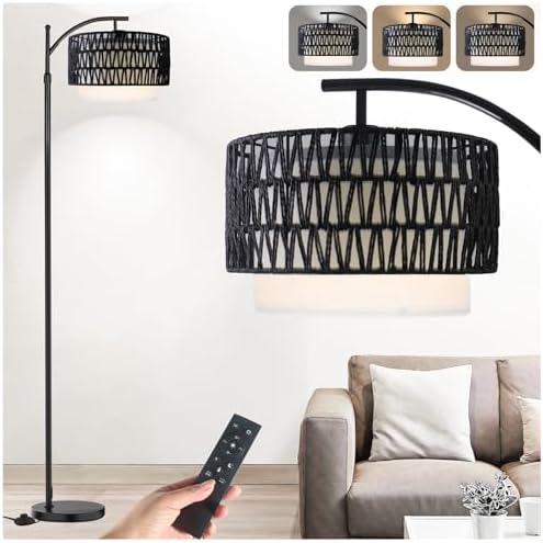 Yusist Arc Floor Lamp for Living Room,Farmhouse Floor Lamps with Remote Control & Dimmable Bulb,Black Rattan Boho Tall Standing Lamp for Bedroom Office by Yusist