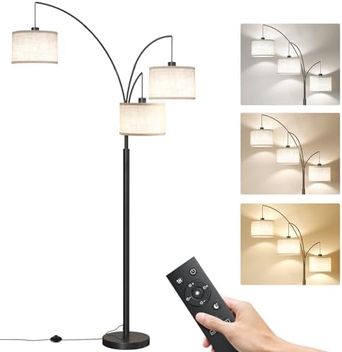 SUNMORY 3 Lights Floor Lamp with Remote Control and 3 Stepless Dimmable Bulbs, 78" Tall Standing Lamp with Hanging Drum Shade & Heavy Base, Modern Arc Floor Lamps for Living Room, Bedroom, Office by SUNMORY