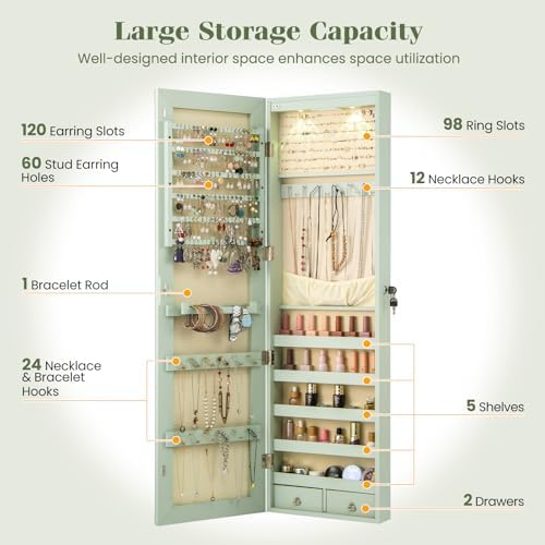 NAFORT 2 LEDs Mirror Jewelry Organizer, 47.5-Inch Borderless Full Length Mirror Jewelry Armoire, Lockable Wall Mounted Jewelry Cabinet, Jewelr Storage Box for Valentine’s Day Gift, Laurel Green - Image 4