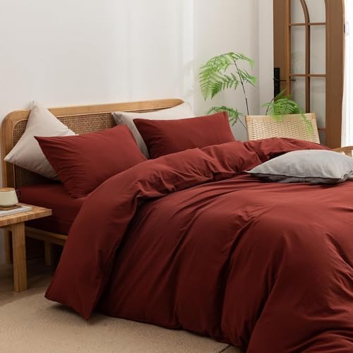 BESTOUCH Cotton Solid Duvet Cover Set Fired Brick Red Super King Plus - Image 2