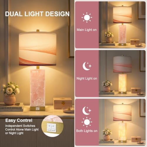 Scenekoy Pink Alabaster Table Lamp Set of 2 with Night Light for Bedroom - Image 4