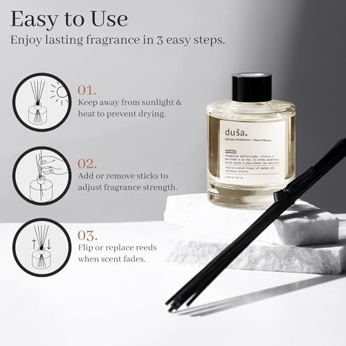 Duša Santal Reed Diffuser & Sticks - 5 Fl Oz Essential Home Fragrance Decor for Bathroom, Office & Living Spaces – Stylish & Long-Lasting Room Air Freshener -Ideal for Housewarming & Special Occasions - Image 3