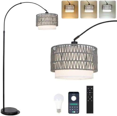 Boho Floor Lamps for Living Room, Arc Floor Lamp for bedroom with Remote and Dimmable Bulb, Over Couch Standing Lamp, Farmhouse Tall Lamp with 3 Color Temperatures, Height Adjustable Corner Floor Lamp by EYASSI