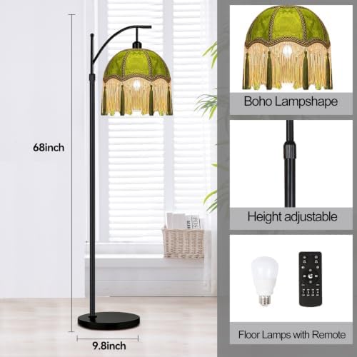 Arc Floor Lamp for Living Room,Bedroom,Standing Lamp with Remote Dimmable,Green Mid Century Black Tall Lamp Boho Vintage Retro Fringe Tassel Flower Velvet Unique Lamp Victorian Tiffany Decor - Image 4