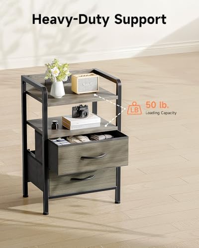 Lazzanto Nightstand with Rear Charging Station, LED Light, 2 Drawers, Grey - Image 6