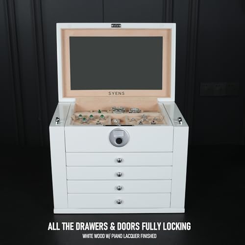 White Wood Jewelry Box, Large Size, Fingerprint Unlock, Seven Level Jewelry Organizer with Necklace Hanger and Mirror, High Gloss Lacquer Finish (5L-WT) - Image 2