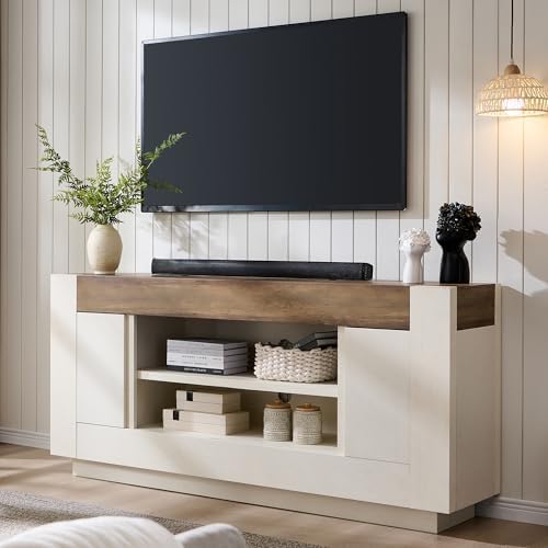OKD 70" TV Stand for 80" TV, Thick Block Media Console, Antique White by OKD