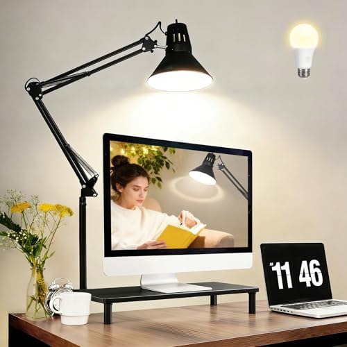 Black Desk Lamp with Clamp, Extra-Tall Adjustable Metal Swing Arm, 2 Pack - Image 2