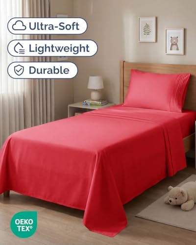 Twin Size 3 Piece Sheet Set - Comfy Breathable & Cooling Bed Sheets - Red - Image 2