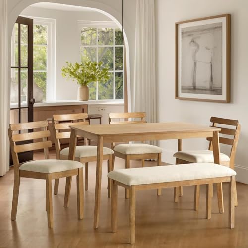 Farmhouse Dining Room Table Set for 6 with Upholstered Bench and Chairs by SIMTONAL