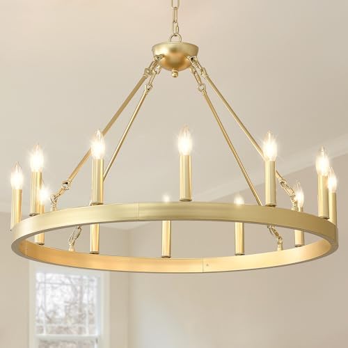 Gold Wagon Wheel Chandelier 32" 12-Light Round Modern Chandelier by VBKKLighting
