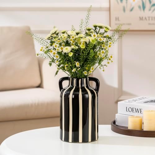 SURE YUESI Black Ceramic Vase with Handles, 9.1 Inch Striped Flower Vase for Halloween Decor, Modern Farmhouse Vase for Pampas Grass, Shelf Decor, Dining Table Centerpiece - Image 3