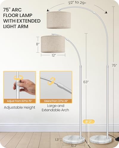 75" Dimmable Silver Arc Lamp with Marble Base,Adjustable Height,Beige Shade - Image 3