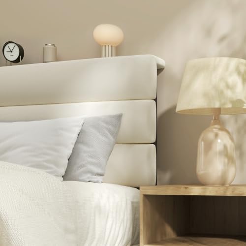 Fluest Full Bed Frame, Platform Bed Frame with Velvet Upholstered Headboard, No Box Spring Needed, Sturdy Metal Support, Noise Free, Easy Assembly, Modern Bedroom Furniture, Beige - Image 3
