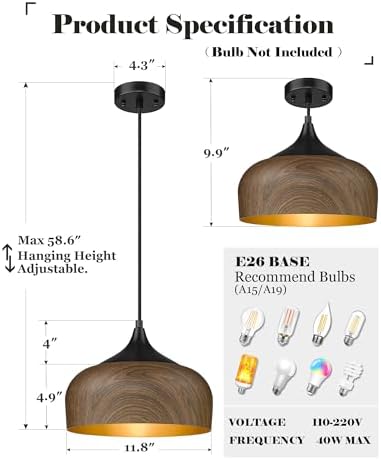 ELYONA Modern Bauhaus Pendant Light Walnut Wooden Pattern Dome Pendant Light Fixture Matte Black Metal Gold Inner Adjustable Hanging Lighting for Kitchen Island Dining Room Office Hallway Bedroom - Image 5